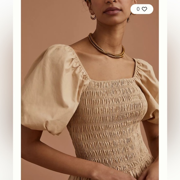 ANTHROPOLOGIE ENDLESS ROSE Smocked Puff-Sleeved Mini Dress Beige - Picture 4 of 11